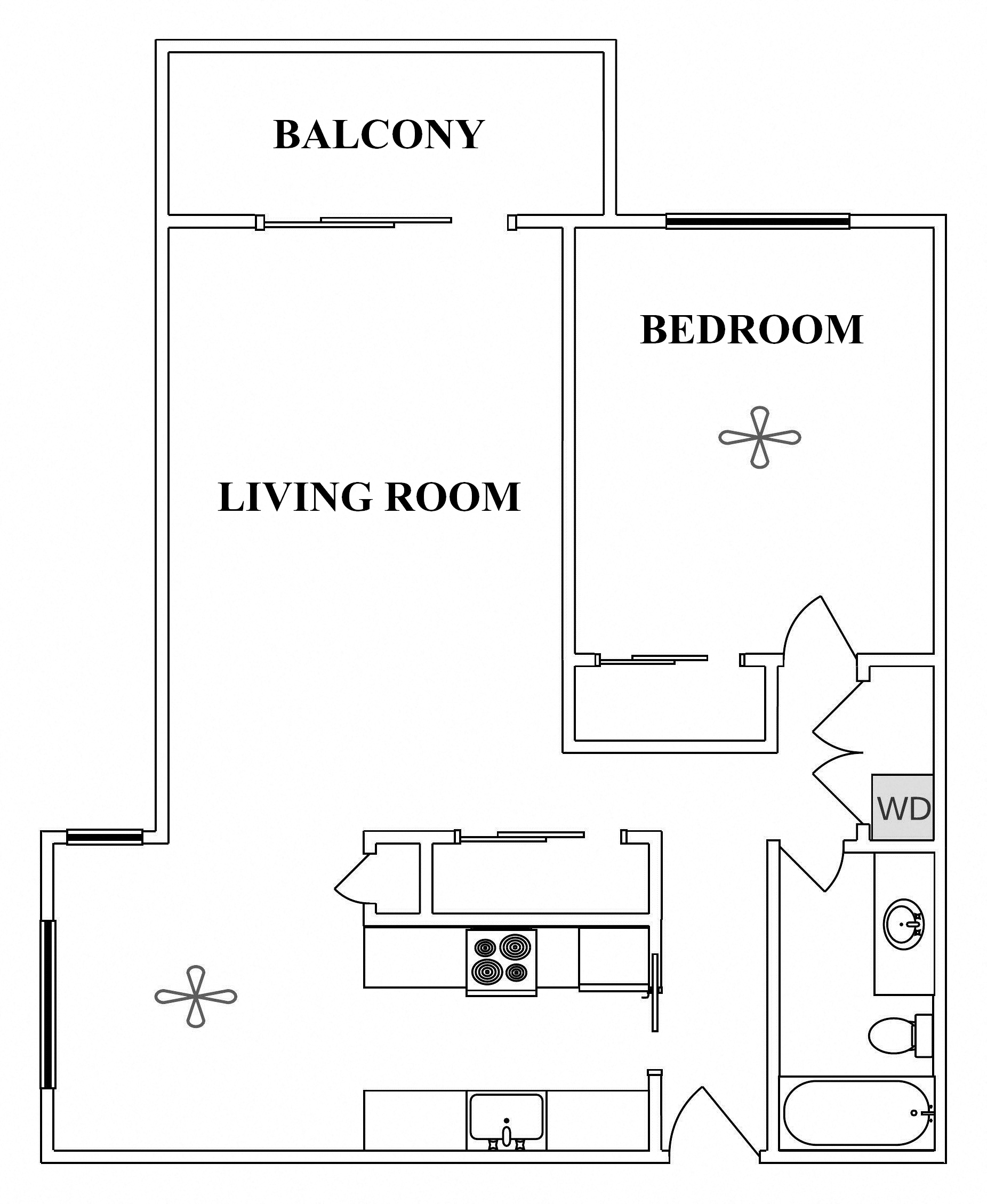 Floor plan for 1 bed, 1 bath, 950 sqft